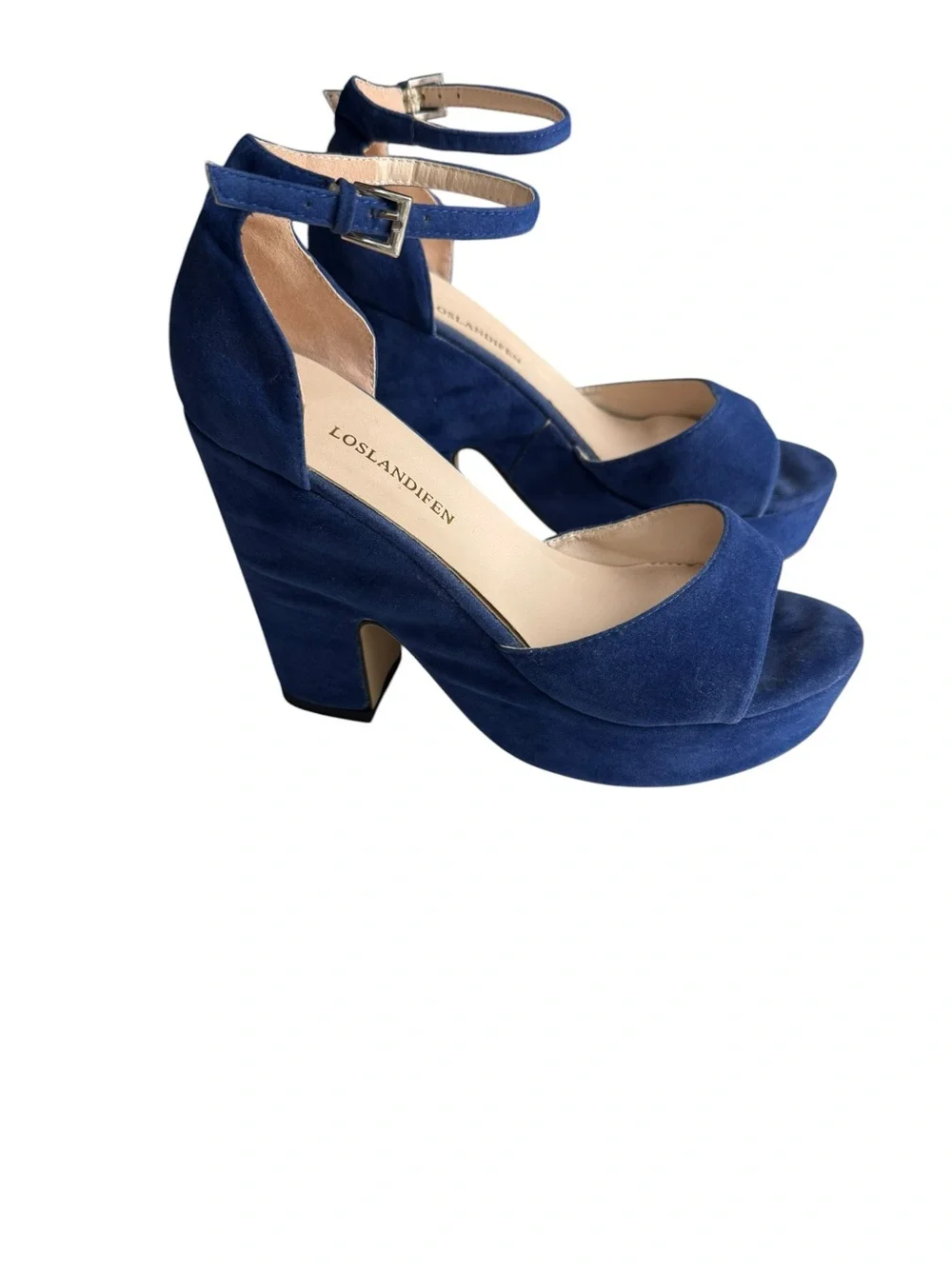 LOSLANDIFEN Chunky Block Heel Peep Toe Ankle Strap Blue Size 8.5 EUR 39 Formal